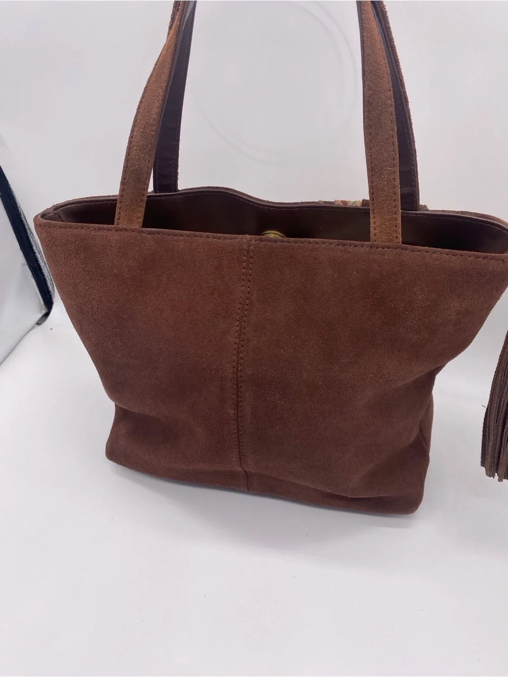 St. John's Bay Brown Suede Shoulder Tote with Girl & Scottie Appliqué - Picture 5 of 8